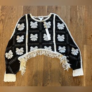 House Of Harlow Crochet Fringe Cropped Sweater